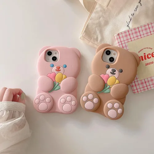 Miniatura 6 de Funda para iPhone 13 Cute Kawaii 3D Cartoon Flower Bear Marrón Suave Silicona a prueba de golpes Funda protectora para niños niñas