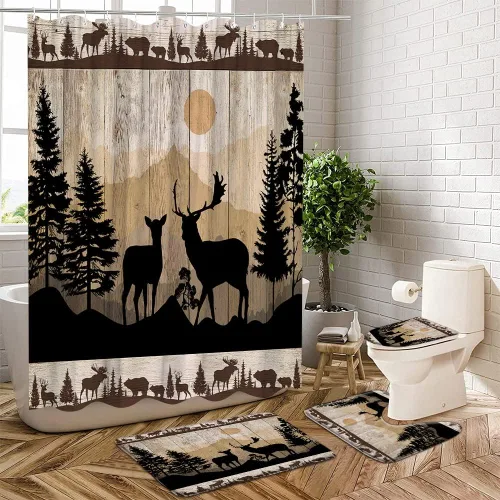 Miniatura 5 de Misty Forest Deer 2 piezas tablero de madera animales salvajes alce rústico naturaleza niebla caza cabaña árbol selva alfombra de baño en forma de U