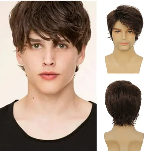Miniatura 8 de Peluca blanca corta para hombre con flequillo capas pelo sintético pelucas diarias para uso masculino
