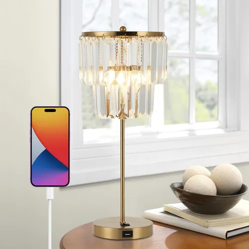Lámpara de noche para dormitorio, lámpara de mesa de cristal dorado de 18 pulgadas, gotas de cristal transparente Tiffany, puerto de carga USB,
