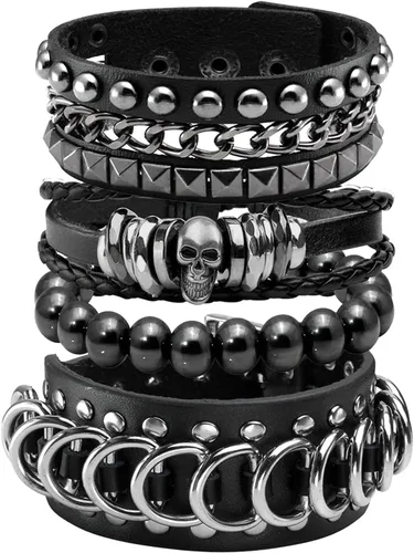 Miniatura 10 de Eigso Juego de pulsera punk de cuero negro para hombres y mujeres clásicas Vintgae tachonadas con picos de los años 80 para hombre y mujer