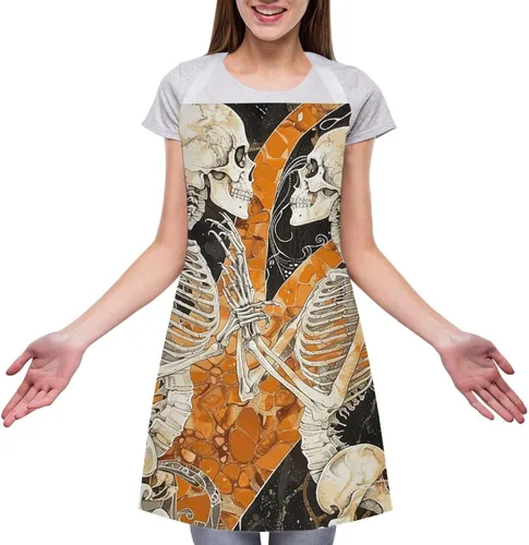 Miniatura 3 de MUSM Apron for Adults - 27.6 X 31.5 Inch, Heavy-Duty Polyester Aprons with Two Large Pockets, Waterproof Two Dancing Skeletons Kitchen Apron for