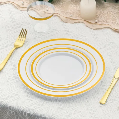 Miniatura 6 de AOZITA Juego de 200 piezas de platos de plástico dorados, platos desechables resistentes para fiesta y boda, incluye 100 platos de cena y 100 platos