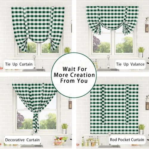 Miniatura 110 de Cenefas de cortina para ventana de 16 pulgadas de largo, 2 paneles de cuadros búfalo, cortinas pequeñas con bolsillo para barra, estilo clásico