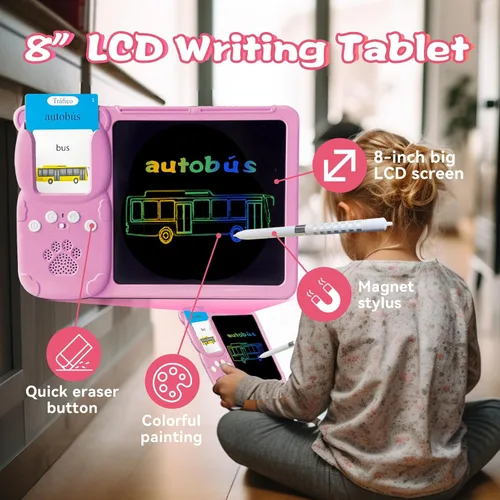 Miniatura 2 de Tarjetas flash hablantes en inglés y español, tableta de escritura LCD de 8 pulgadas para niños de 3 a 12 años, 510 palabras visuales bilingües