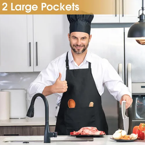 Miniatura 4 de Paquete de 3 delantales negros para mujer con bolsillos, delantal de cocina ajustable resistente al agua, babero unisex para chef, hombres y mujeres