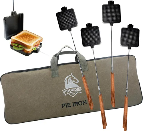 Miniatura 9 de Campfire Pie Iron - Sandwichera grande de hierro fundido de 4.9 pulgadas para camping, 2 piezas con bolsa de almacenamiento, asas gruesas de 22.6