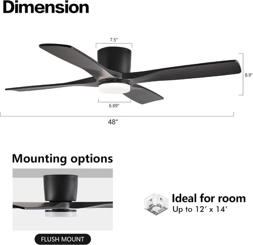 Miniatura 4 de WINGBO - Ventilador de techo de montaje empotrado de 48 pulgadas con DC, luces y control remoto, 4 aspas talladas reversibles de madera, motor DC