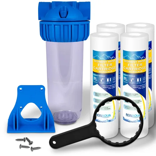 Sistema de filtro de agua estándar transparente de 10 pulgadas para toda la casa con válvula de alivio de presión, puerto de latón de entrada/salida