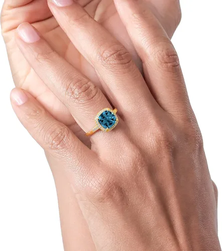 Miniatura 4 de Gem Stone King Anillo de compromiso de oro amarillo de 10 quilates con topacio azul Londres y diamantes para mujer
