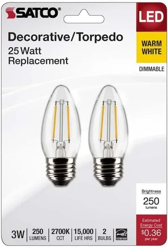 Miniatura 2 de Satco 21832-3B11/LED/927/CL/120V/E26/2CD Decorativa (S21832) Bombilla LED de punta roma