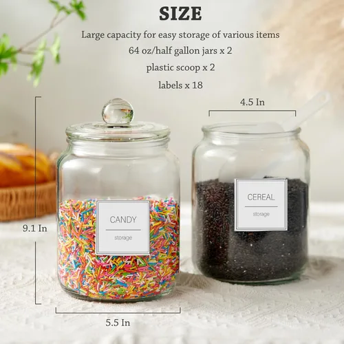 Miniatura 5 de FyndraX Tarros de vidrio grandes de medio galón con tapas, recipientes herméticos transparentes de almacenamiento para galletas, dulces, harina
