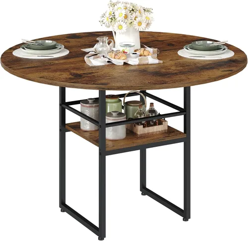 Miniatura 9 de RALGEND Mesa de comedor redonda de 47.2 pulgadas para 4, mesa de cocina de madera de granja con almacenamiento, mesa de comedor circular que ahorra