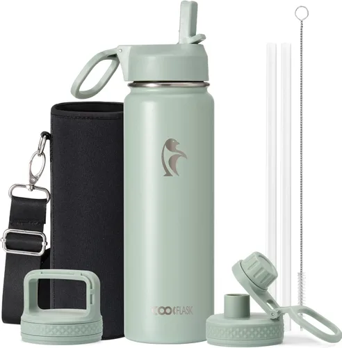 Miniatura 74 de Coolflask Botella de agua de 20 onzas aislada con pajilla, 3 tapas de metal de acero inoxidable, botella de agua de boca ancha para deportes u