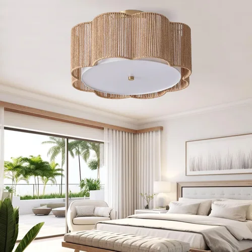 Miniatura 4 de Lámpara de Techo Empotrada de Ratán de 17.7", Luminaria de Techo Boho de 3 Luces Cerca del Techo, Lámpara de Techo de Ratán para Dormitorio, Amarillo