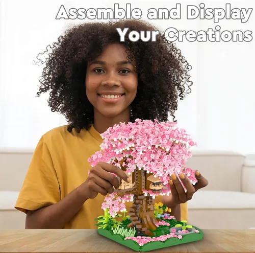 Miniatura 6 de Vziimo Juego de construcción de árbol bonsái en flor de cerezo, juego de modelo de casa de árbol Sakura japonés para adultos, 2028 piezas de mini