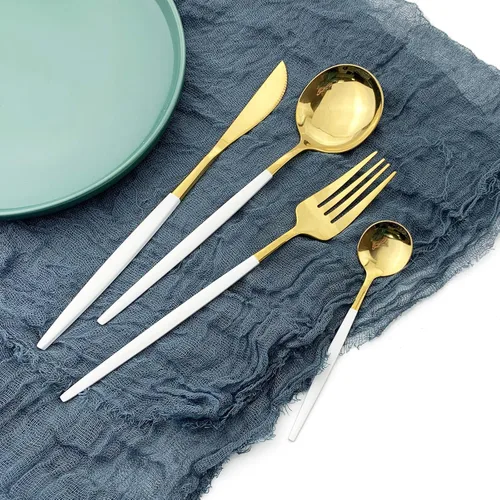 Miniatura 4 de Juego de cubiertos dorados con mango blanco, 24 piezas de acero inoxidable brillante, cubiertos para 6, aptos para lavavajillas Mango blanco dorado