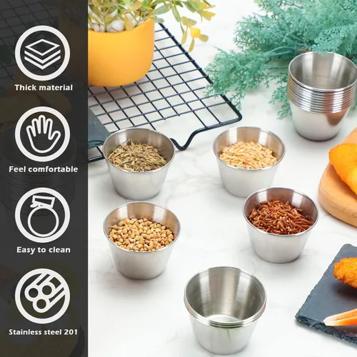 Miniatura 5 de Mimorou 100 moldes de metal de 2.5 onzas para salsa de acero inoxidable, recipientes de salsa a granel, cuencos redondos, tazones de condimento