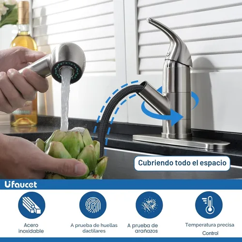 Miniatura 3 de Grifo de cocina de perfil bajo extraíble con rociador, grifo de fregadero de lavandería de acero inoxidable de una sola manija con níquel cepillado