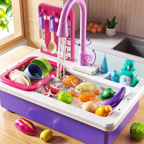 Miniatura 9 de JUKUDAHU Fregadero de juegos con agua corriente, fregadero de juguetes de cocina para niños de 3, 4, 5, 6, 7 años, lavavajillas eléctrico, juego
