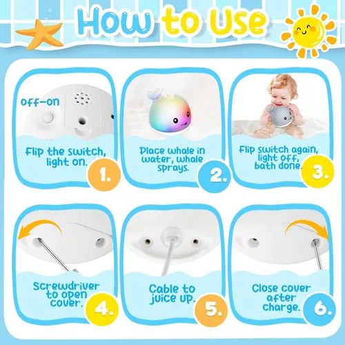 Miniatura 4 de TFS TOP·FANS Juguete de baño de ballena para bebé infantil: fuente luminosa de 6 a 12 meses de edad, bañera de 18 a 24, piscina, 3, 4, 5, 7, 8, 9