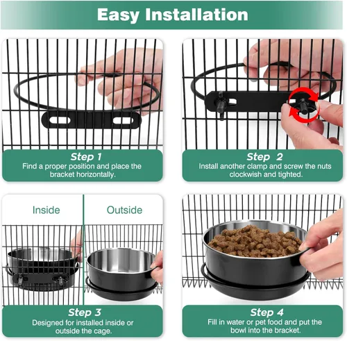 Miniatura 7 de Tazón de agua para jaula para perros sin derrames, paquete de 2 tazones colgantes para jaula para perros, tazones de agua y comida para perrera Negro