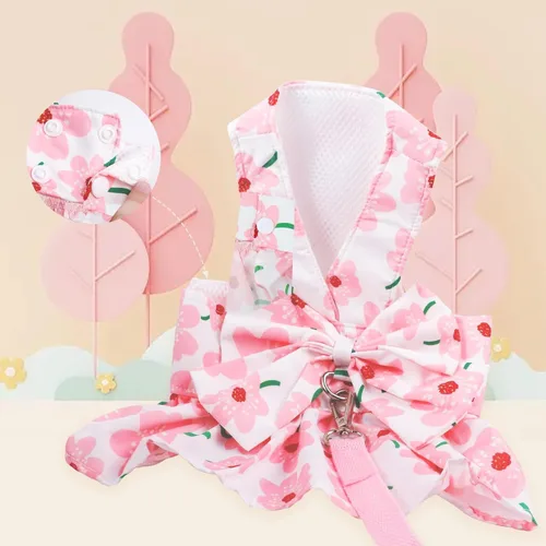 Miniatura 4 de Set de Vestido con Moño y Arnés con Correa para Perros Pequeños para Niñas, Ropa para Perros y Gatos Rosa Floral, Lindas Ropas para Cachorros, Ropa