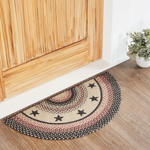 VHC Brands Colonial Star - Alfombra decorativa, mezcla de yute, medio círculo, estrella roja y negra, 16.5 x 33 pulgadas