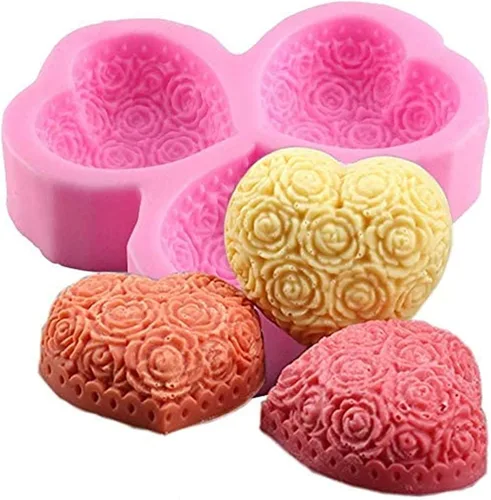 Molde de silicona para jabón de 3 cavidades con forma de corazón de rosa para decoración de pasteles, chocolate, vela, bomba de baño, barra de loción