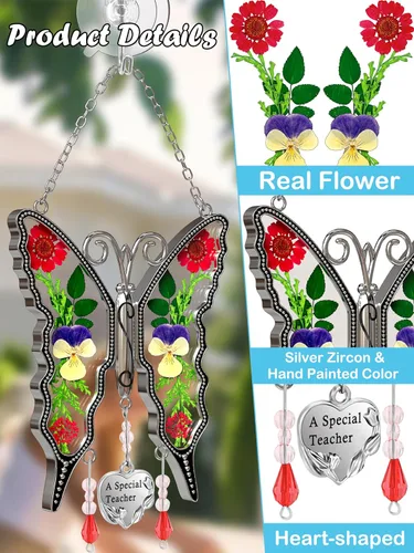 Miniatura 7 de KY &BOSAM - Atrapa luz de vitral con mariposa de color, con la frase A special teacher. Campanilla para el viento, como regalo para la profesora