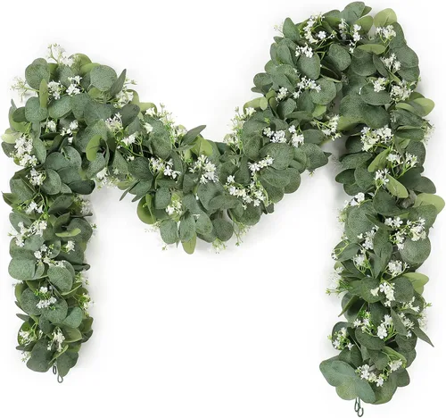 Miniatura 8 de KHOYIME Guirnalda de Eucalipto con Flores Blancas, 4 Paquetes 5.9 Pies Hojas de Eucalipto Dólar de Plata Artificial Planta Vegetación Falsa 4 piezas