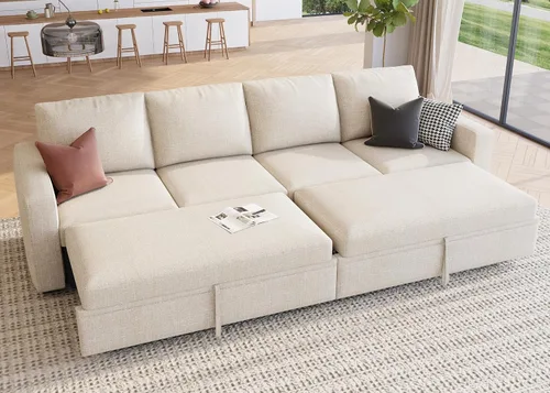 Miniatura 13 de HONBAY Sofá seccional modular con cama extraíble, sofá cama con forma de U extraíble con secciones de almacenamiento para sala de estar - Beige