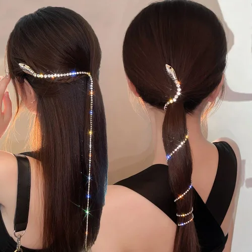 Miniatura 2 de 2 cadenas de pelo de serpiente con diamantes de imitación brillantes, diadema de cristal con borla larga, accesorios para el cabello, joyas, pinzas