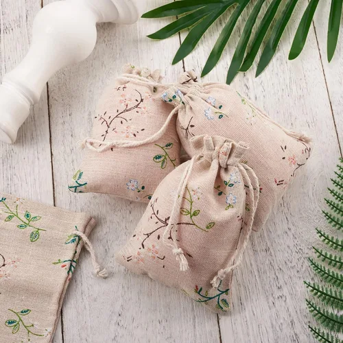 Miniatura 4 de KISSITTY 50 bolsas de almacenamiento de algodón de poliéster con encaje antiguo, bolsas de embalaje con cordón con ramas de hojas impresas