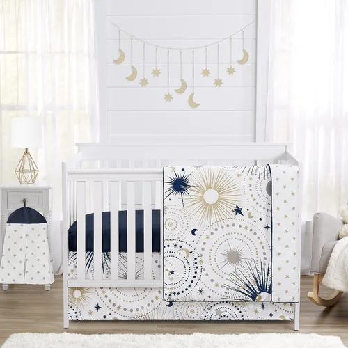 Sweet Jojo Designs Juego de ropa de cama para cuna de bebé de 4 piezas (estrella y luna) para niños o niñas, bebés/cuarto de bebé, incluye manta,