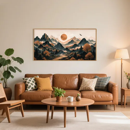 Miniatura 54 de Celestdeco Juego de arte de pared en lienzo abstracto y neutro grande con marco naranja, moderno y minimalista para pared, diseño geométrico bohemio