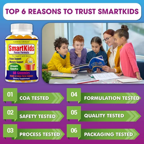 Miniatura 6 de SmartKids - Gomitas de refuerzo cerebral para niños y adolescentes, suplemento cerebral, vitaminas en gomitas para niños con enfoque cerebral, DHA