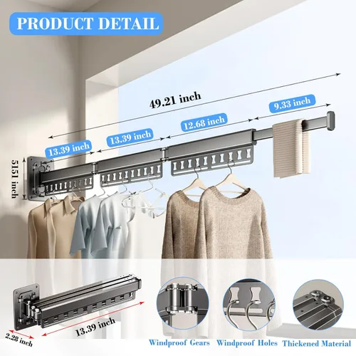 Miniatura 2 de Tendedero de ropa montado en la pared, colgador retráctil de 3 pliegues con agujeros a prueba de viento y diseño desmontable, estante plegable Gris