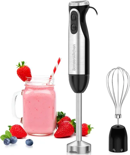Bonsenkitchen Batidora de mano de inmersión con batidor, 20 velocidades y modo turbo, batidora de mano de 500 W, batidora de mano de acero