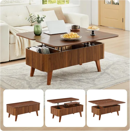 Miniatura 3 de Mesa de centro elevable 3 en 1, mesas de centro convertibles acanaladas que se convierten en mesas de comedor, moderna mesa central de madera Nuez 3