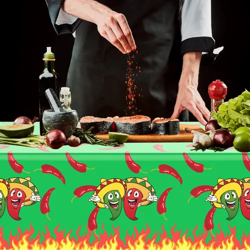 Miniatura 6 de Remerry Mantel de plástico con chile del Cinco de Mayo, desechable, color rojo y verde, suministros de decoración para mesa rectangular, fiesta