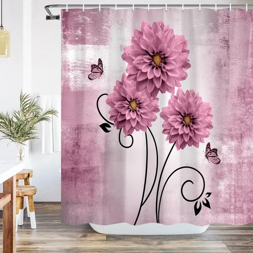 Miniatura 9 de Cortina de ducha con diseño floral, flores de dalia amarillas y mariposas, cortinas de ducha para baño, juego de cortina de ducha rústica