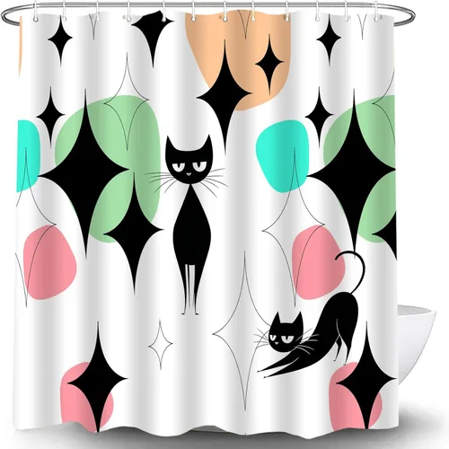 Miniatura 5 de Mid Century Black Cat Shower Curtain Modern Atomic Abstract Geometric Iconic Pattern Retro Black Kitty Animal 1950s 1960s Vintage Funny Teal Fabric