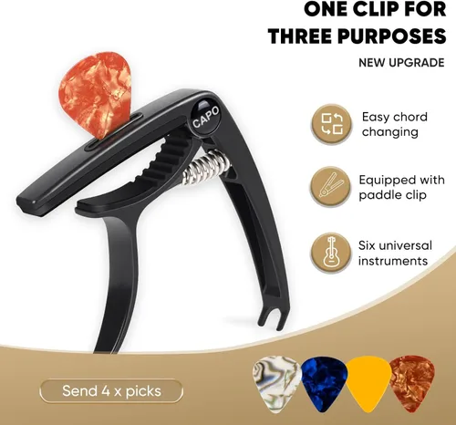 Miniatura 2 de AARVI Cejilla de guitarra de 6 cuerdas para guitarras acústicas y eléctricas, abrazadera universal con 4 púas de alta calidad, compatible con Negro