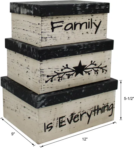 Miniatura 6 de CVHOMEDECO. Cajas anidadas rectangulares vintage primitivas de cartón “La familia lo es todo”, grandes 12 x 9 x 14 cm. Juego de 3.