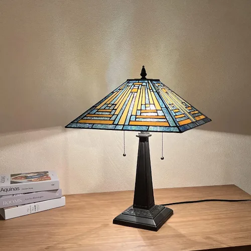 Miniatura 2 de Tiffany - Lámparas de mesa de 16 pulgadas de ancho hechas a mano con vitrales para lectura, 2 luces, estilo misión azul, luz de mesa antigua