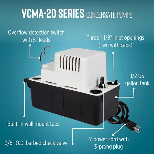 Miniatura 3 de Little Giant VCMA-20ULS 115 voltios, 80 GPH, 1/30 HP Bomba de eliminación automática de condensado para sistemas