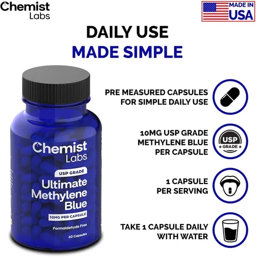 Miniatura 5 de Cápsulas de azul de metileno para humanos – grado USP 99% de pureza, grado farmacéutico azul de metileno, probado por terceros, sin formaldehído