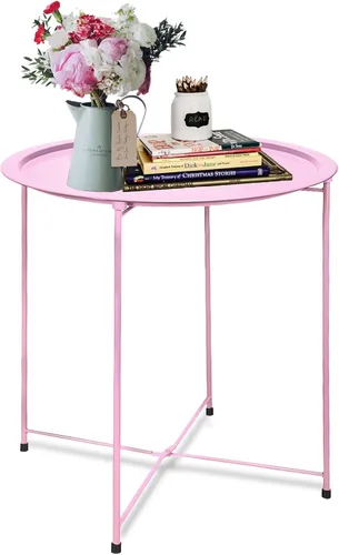 Miniatura 15 de Garden 4 you - Mesa auxiliar de metal negra redonda plegable con bandeja cian, mesa auxiliar redonda, para poner al lado del sofá, mesa