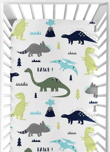 Miniatura 2 de Sweet Jojo Designs Juego de sábanas para cuna de bebé de dinosaurio moderno azul y verde, suave, para recién nacido, se adapta a colchón estándar